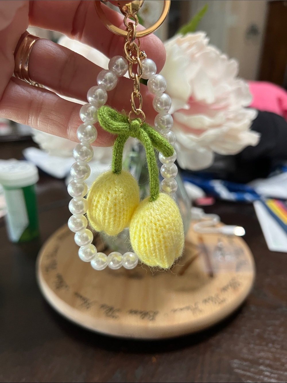 New Handmade Yellow Knit Lemon Pearl Keychain